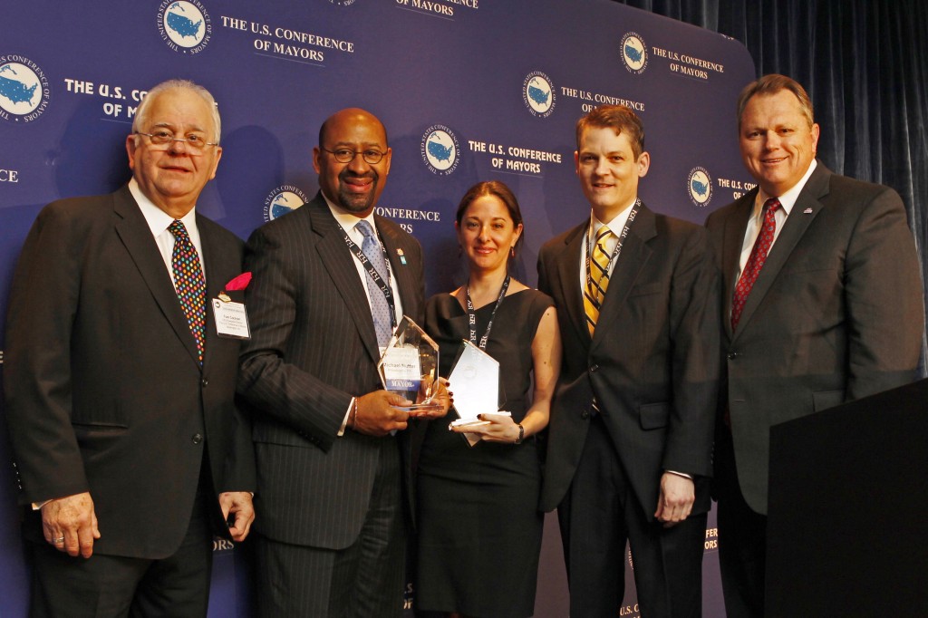 Tom Cochran, Executive Director US Conference of Mayors; Mayor Nutter (President of Conference), Erika Diamond, VP with Recyclebank, Phil Bresee, Scott Smith, Mayor of Mesa, Arizona and vice-president of Conference of Mayors.